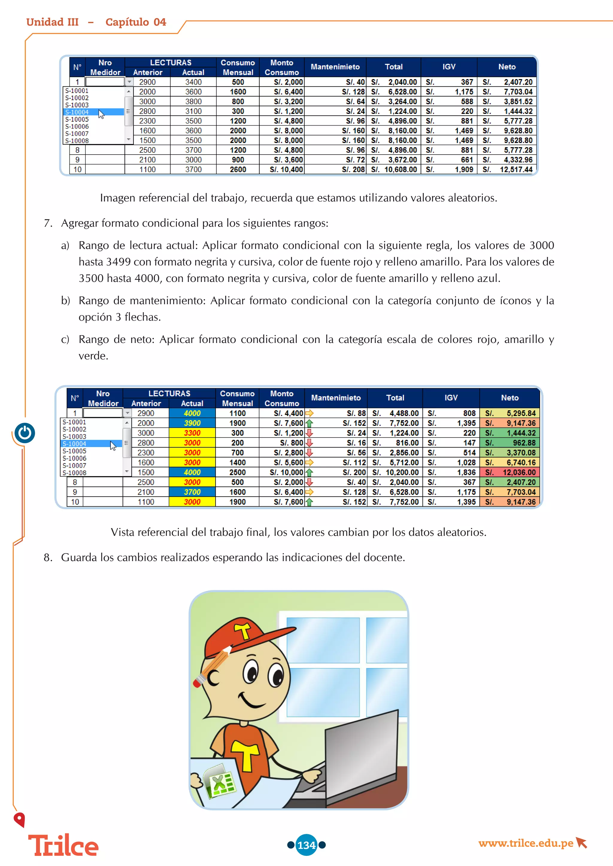 Unidad – Capítulo
www.trilce.edu.pe
134
Imagen referencial del trabajo, recuerda que estamos utilizando valores aleatorios.
7.	 Agregar formato condicional para los siguientes rangos:
a)	 Rango de lectura actual: Aplicar formato condicional con la siguiente regla, los valores de 3000
hasta 3499 con formato negrita y cursiva, color de fuente rojo y relleno amarillo. Para los valores de
3500 hasta 4000, con formato negrita y cursiva, color de fuente amarillo y relleno azul.
b)	 Rango de mantenimiento: Aplicar formato condicional con la categoría conjunto de íconos y la
opción 3 flechas.
c)	 Rango de neto: Aplicar formato condicional con la categoría escala de colores rojo, amarillo y
verde.
Vista referencial del trabajo final, los valores cambian por los datos aleatorios.
8.	 Guarda los cambios realizados esperando las indicaciones del docente.
04
III
 