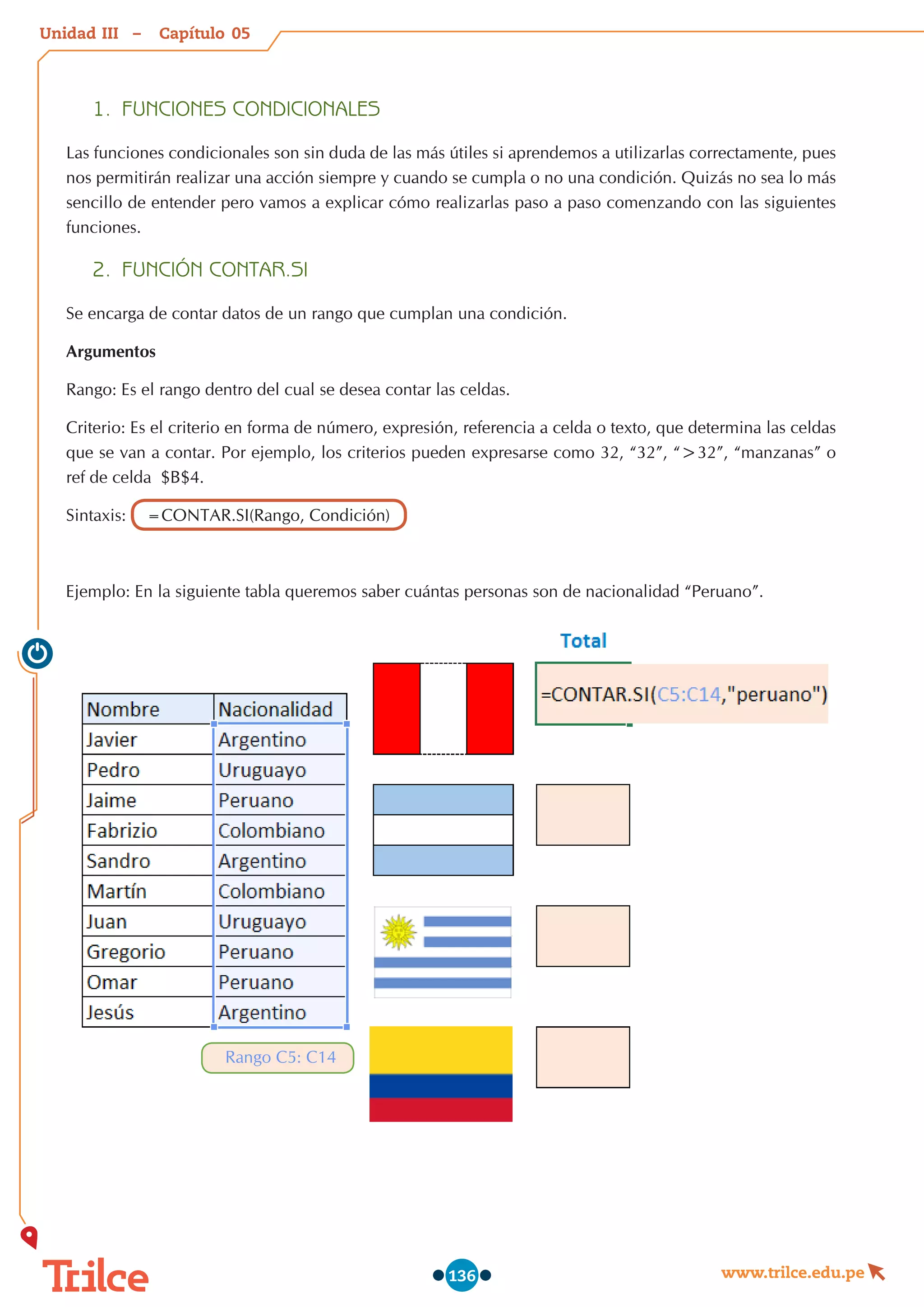 Unidad – Capítulo
www.trilce.edu.pe
136
1.	 FUNCIONES CONDICIONALES
Las funciones condicionales son sin duda de las más útiles si aprendemos a utilizarlas correctamente, pues
nos permitirán realizar una acción siempre y cuando se cumpla o no una condición. Quizás no sea lo más
sencillo de entender pero vamos a explicar cómo realizarlas paso a paso comenzando con las siguientes
funciones.
2.	 FUNCIÓN CONTAR.SI
Se encarga de contar datos de un rango que cumplan una condición.
Argumentos
Rango: Es el rango dentro del cual se desea contar las celdas.
Criterio: Es el criterio en forma de número, expresión, referencia a celda o texto, que determina las celdas
que se van a contar. Por ejemplo, los criterios pueden expresarse como 32, “32”, “>32”, “manzanas” o
ref de celda  $B$4.
Sintaxis: =CONTAR.SI(Rango, Condición)
Ejemplo: En la siguiente tabla queremos saber cuántas personas son de nacionalidad “Peruano”.
Rango C5: C14
05
III
 