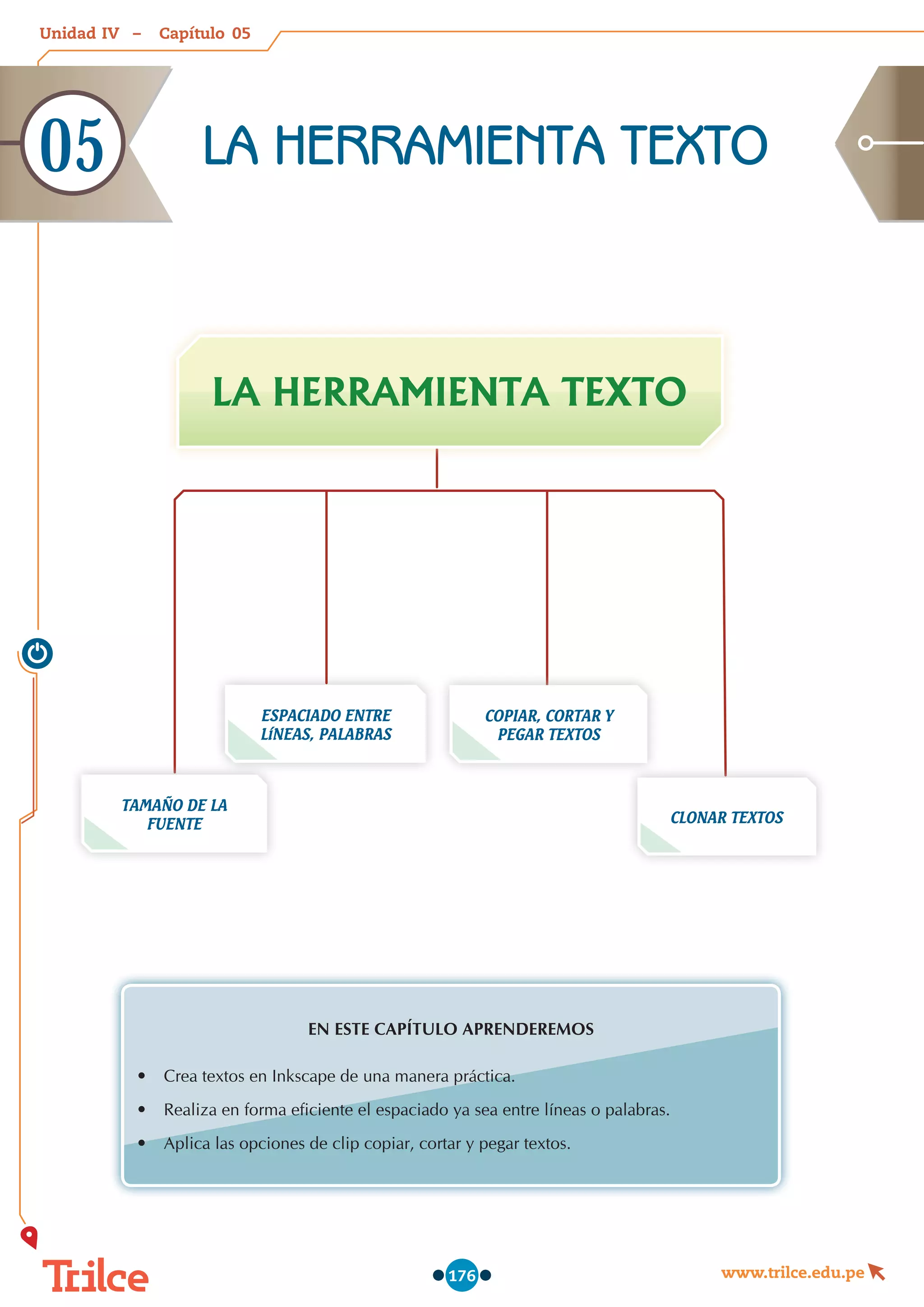 Unidad – Capítulo
www.trilce.edu.pe
176
EN ESTE CAPÍTULO APRENDEREMOS
•	 Crea textos en Inkscape de una manera práctica.
•	 Realiza en forma eficiente el espaciado ya sea entre líneas o palabras.
•	 Aplica las opciones de clip copiar, cortar y pegar textos.
ESPACIADO ENTRE
LíNEAS, PALABRAS
TAMAÑO DE LA
FUENTE
COPIAR, CORTAR Y
PEGAR TEXTOS
CLONAR TEXTOS
LA HERRAMIENTA TEXTO
LA HERRAMIENTA TEXTO
05
05
IV
 