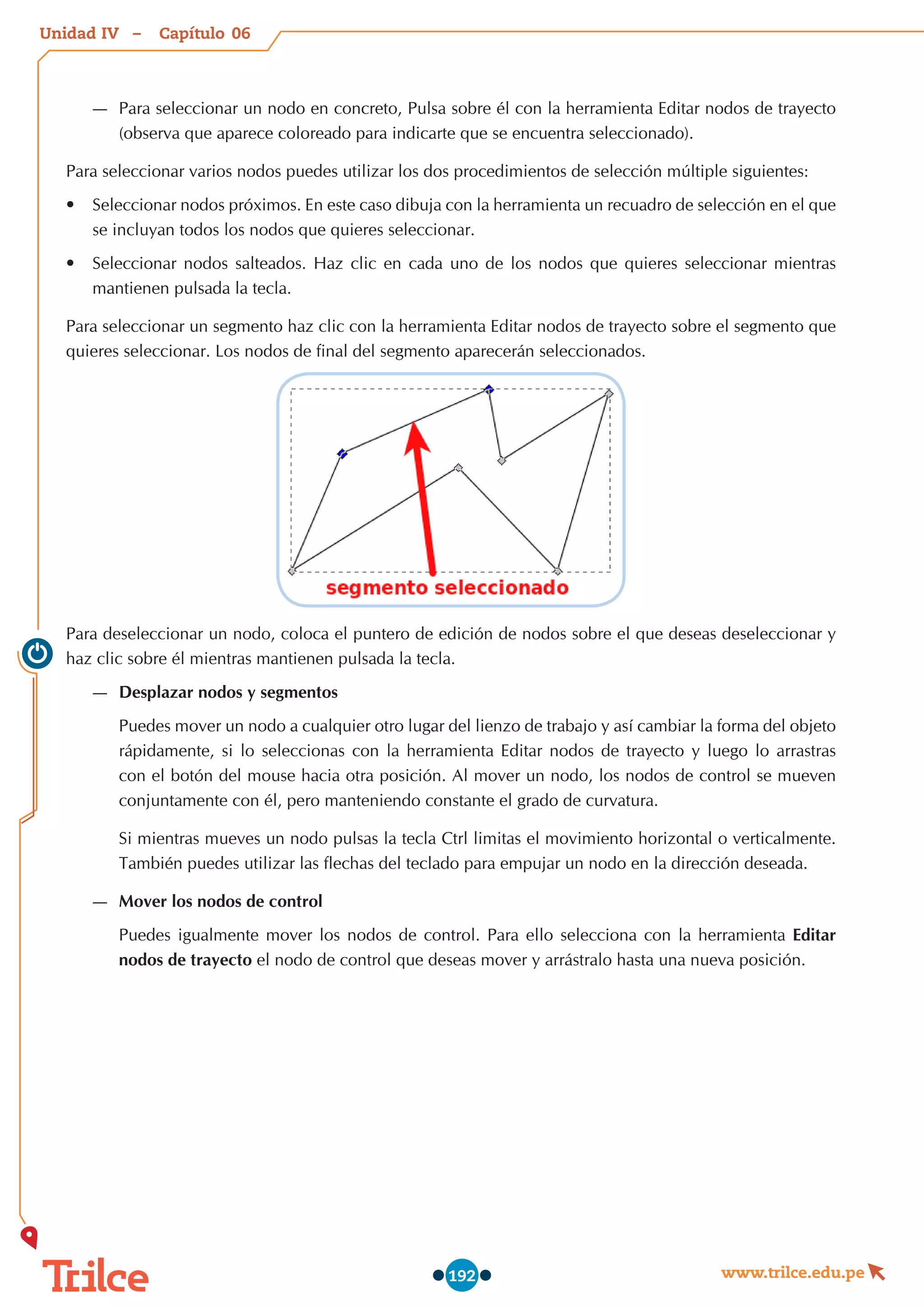 Unidad – Capítulo
www.trilce.edu.pe
192
—
— Para seleccionar un nodo en concreto, Pulsa sobre él con la herramienta Editar nodos de trayecto
(observa que aparece coloreado para indicarte que se encuentra seleccionado).
Para seleccionar varios nodos puedes utilizar los dos procedimientos de selección múltiple siguientes:
•	 Seleccionar nodos próximos. En este caso dibuja con la herramienta un recuadro de selección en el que
se incluyan todos los nodos que quieres seleccionar.
•	 Seleccionar nodos salteados. Haz clic en cada uno de los nodos que quieres seleccionar mientras
mantienen pulsada la tecla.
Para seleccionar un segmento haz clic con la herramienta Editar nodos de trayecto sobre el segmento que
quieres seleccionar. Los nodos de final del segmento aparecerán seleccionados.
Para deseleccionar un nodo, coloca el puntero de edición de nodos sobre el que deseas deseleccionar y
haz clic sobre él mientras mantienen pulsada la tecla.
—
— Desplazar nodos y segmentos
Puedes mover un nodo a cualquier otro lugar del lienzo de trabajo y así cambiar la forma del objeto
rápidamente, si lo seleccionas con la herramienta Editar nodos de trayecto y luego lo arrastras
con el botón del mouse hacia otra posición. Al mover un nodo, los nodos de control se mueven
conjuntamente con él, pero manteniendo constante el grado de curvatura.
Si mientras mueves un nodo pulsas la tecla Ctrl limitas el movimiento horizontal o verticalmente.
También puedes utilizar las flechas del teclado para empujar un nodo en la dirección deseada.
—
— Mover los nodos de control
Puedes igualmente mover los nodos de control. Para ello selecciona con la herramienta Editar
nodos de trayecto el nodo de control que deseas mover y arrástralo hasta una nueva posición.
06
IV
 