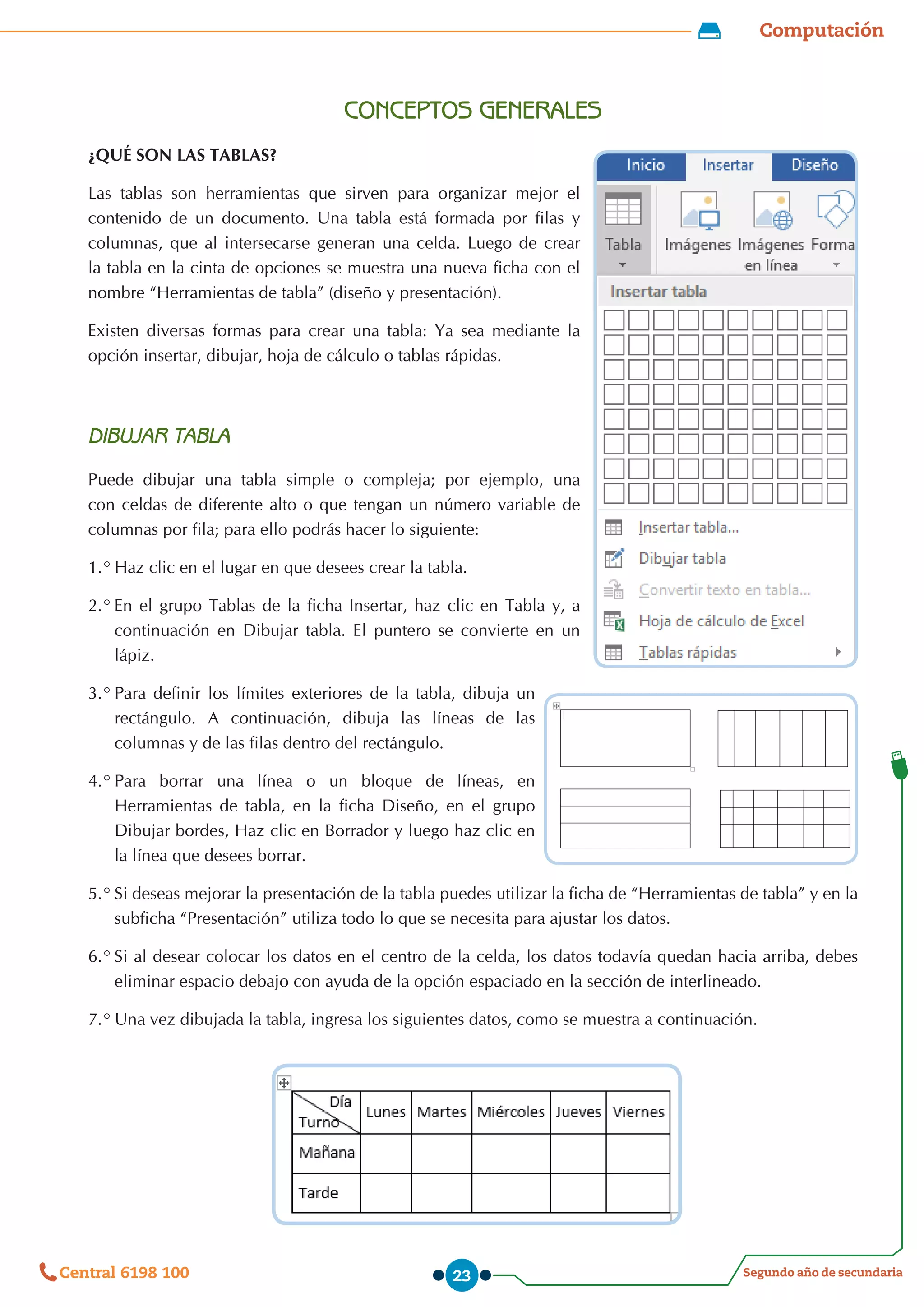 Computación
Segundo año de secundaria
Central 6198 100 23
CONCEPTOS GENERALES
¿QUÉ SON LAS TABLAS?
Las tablas son herramientas que sirven para organizar mejor el
contenido de un documento. Una tabla está formada por filas y
columnas, que al intersecarse generan una celda. Luego de crear
la tabla en la cinta de opciones se muestra una nueva ficha con el
nombre “Herramientas de tabla” (diseño y presentación).
Existen diversas formas para crear una tabla: Ya sea mediante la
opción insertar, dibujar, hoja de cálculo o tablas rápidas.
DIBUJAR TABLA
Puede dibujar una tabla simple o compleja; por ejemplo, una
con celdas de diferente alto o que tengan un número variable de
columnas por fila; para ello podrás hacer lo siguiente:
1.°	Haz clic en el lugar en que desees crear la tabla.
2.°	En el grupo Tablas de la ficha Insertar, haz clic en Tabla y, a
continuación en Dibujar tabla. El puntero se convierte en un
lápiz.
3.°	Para definir los límites exteriores de la tabla, dibuja un
rectángulo. A continuación, dibuja las líneas de las
columnas y de las filas dentro del rectángulo.
4.°	Para borrar una línea o un bloque de líneas, en
Herramientas de tabla, en la ficha Diseño, en el grupo
Dibujar bordes, Haz clic en Borrador y luego haz clic en
la línea que desees borrar.
5.°	Si deseas mejorar la presentación de la tabla puedes utilizar la ficha de “Herramientas de tabla” y en la
subficha “Presentación” utiliza todo lo que se necesita para ajustar los datos.
6.°	Si al desear colocar los datos en el centro de la celda, los datos todavía quedan hacia arriba, debes
eliminar espacio debajo con ayuda de la opción espaciado en la sección de interlineado.
7.°	Una vez dibujada la tabla, ingresa los siguientes datos, como se muestra a continuación.
 