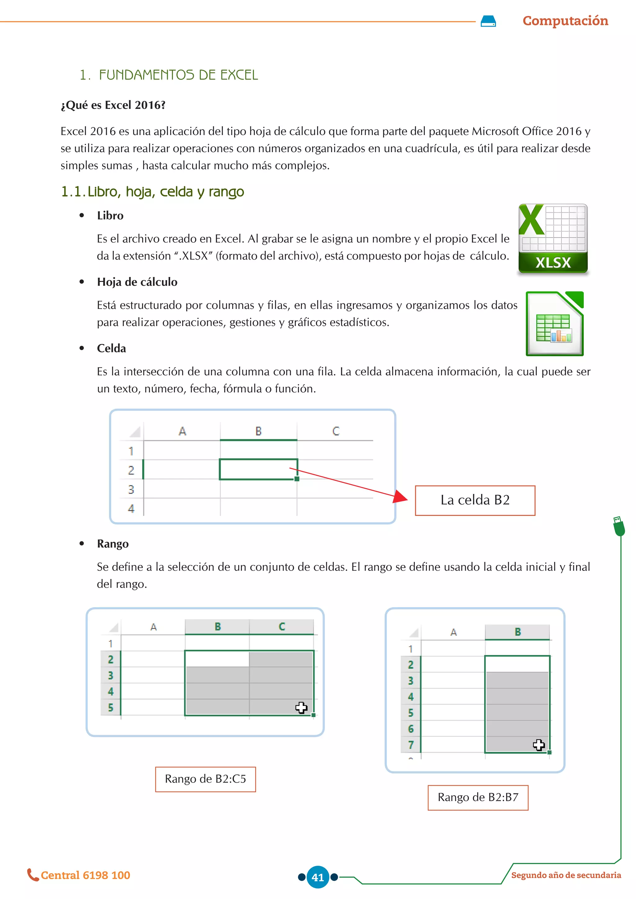 Computación
Segundo año de secundaria
Central 6198 100 41
1.	 FUNDAMENTOS DE EXCEL
¿Qué es Excel 2016?
Excel 2016 es una aplicación del tipo hoja de cálculo que forma parte del paquete Microsoft Office 2016 y
se utiliza para realizar operaciones con números organizados en una cuadrícula, es útil para realizar desde
simples sumas , hasta calcular mucho más complejos.
1.1.	Libro, hoja, celda y rango
•	 Libro
Es el archivo creado en Excel. Al grabar se le asigna un nombre y el propio Excel le
da la extensión “.XLSX” (formato del archivo), está compuesto por hojas de  cálculo.
•	 Hoja de cálculo
Está estructurado por columnas y filas, en ellas ingresamos y organizamos los datos
para realizar operaciones, gestiones y gráficos estadísticos.
•	 Celda
Es la intersección de una columna con una fila. La celda almacena información, la cual puede ser  
un texto, número, fecha, fórmula o función.
•	 Rango
Se define a la selección de un conjunto de celdas. El rango se define usando la celda inicial y final
del rango.
Rango de B2:B7
Rango de B2:C5
La celda B2
 