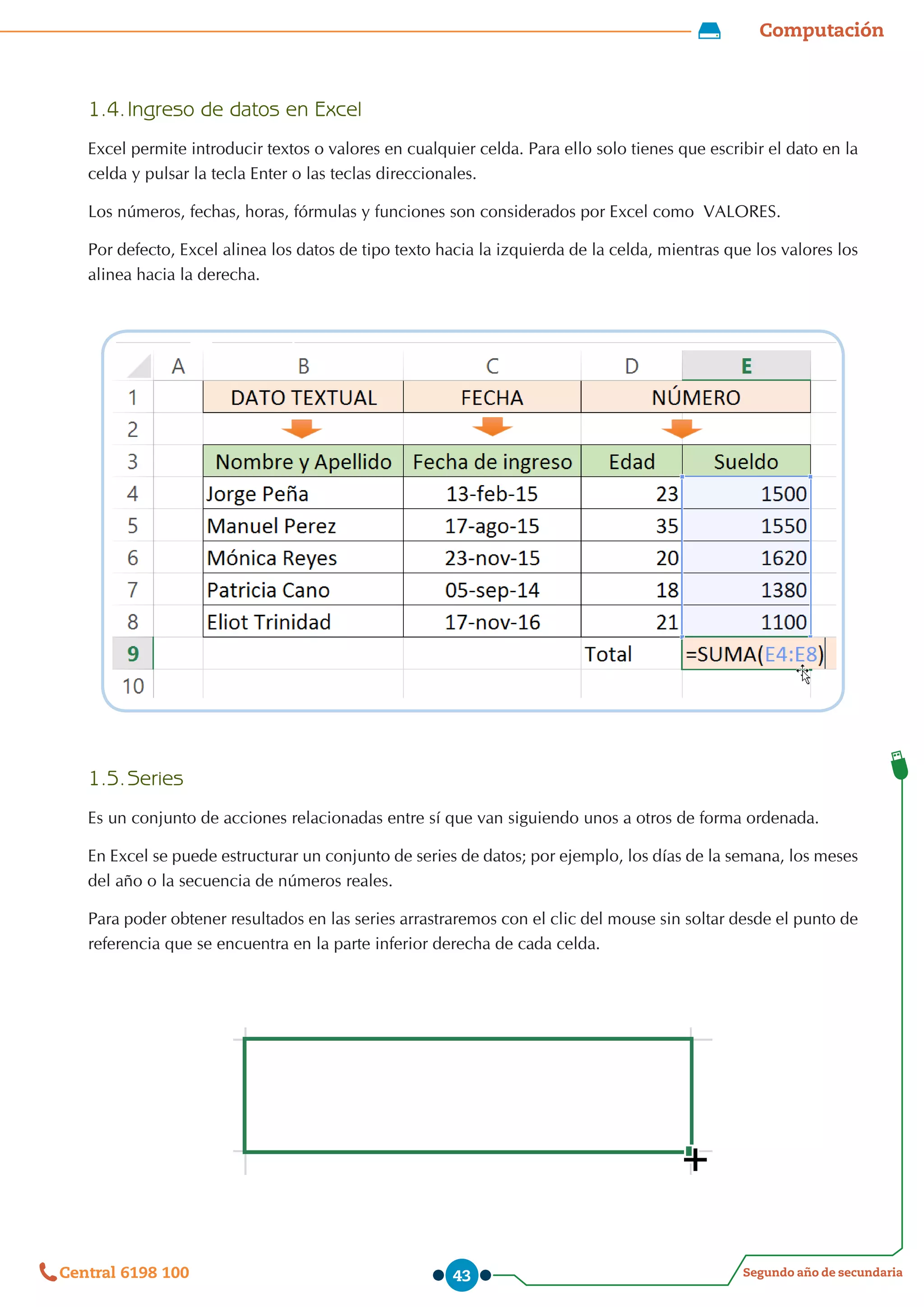 Computación
Segundo año de secundaria
Central 6198 100 43
1.4.	Ingreso de datos en Excel
Excel permite introducir textos o valores en cualquier celda. Para ello solo tienes que escribir el dato en la
celda y pulsar la tecla Enter o las teclas direccionales.
Los números, fechas, horas, fórmulas y funciones son considerados por Excel como  VALORES.
Por defecto, Excel alinea los datos de tipo texto hacia la izquierda de la celda, mientras que los valores los
alinea hacia la derecha.
1.5.	Series
Es un conjunto de acciones relacionadas entre sí que van siguiendo unos a otros de forma ordenada.  
En Excel se puede estructurar un conjunto de series de datos; por ejemplo, los días de la semana, los meses
del año o la secuencia de números reales.
Para poder obtener resultados en las series arrastraremos con el clic del mouse sin soltar desde el punto de
referencia que se encuentra en la parte inferior derecha de cada celda.
 