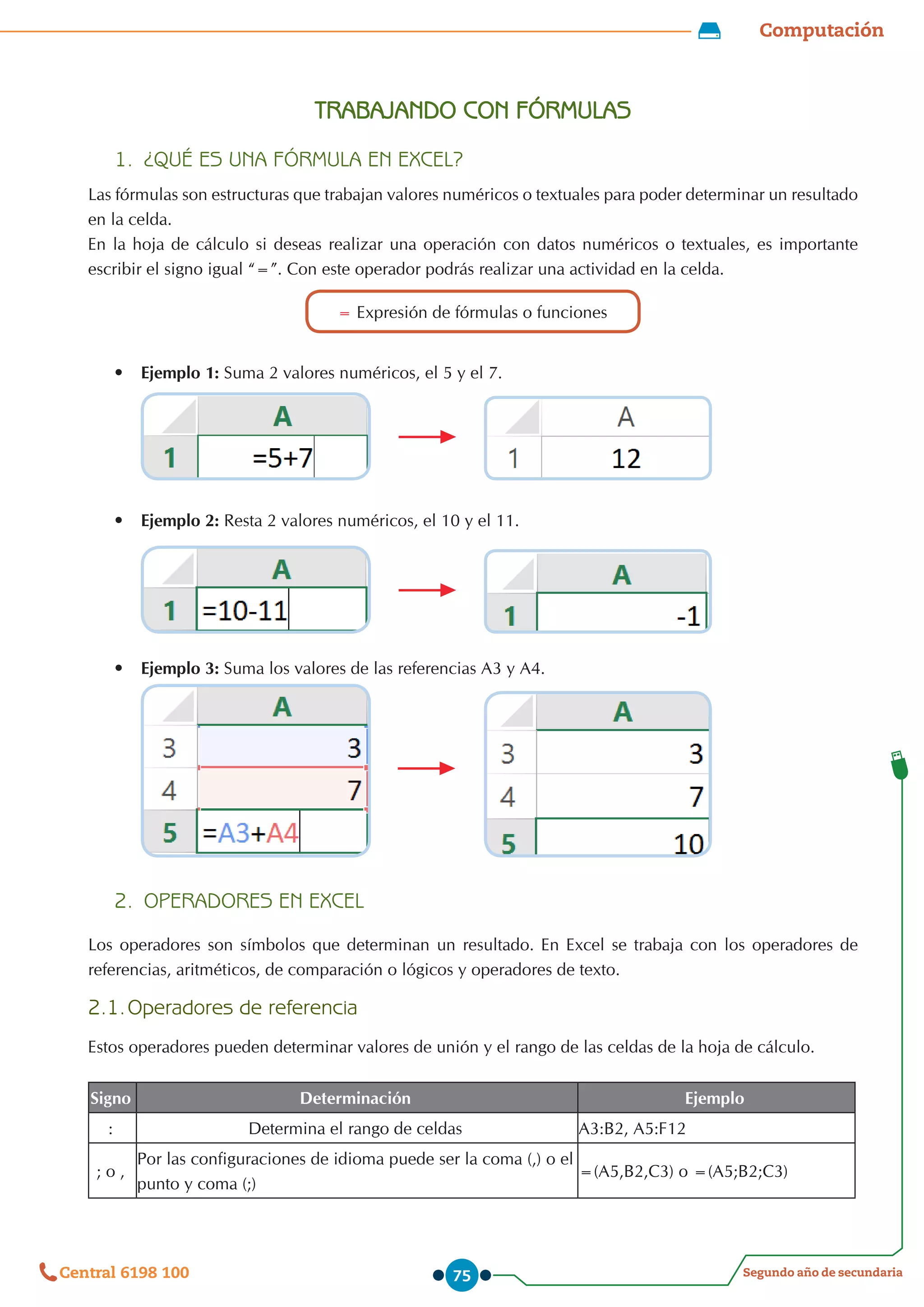 Computación
Segundo año de secundaria
Central 6198 100 75
TRABAJANDO CON FÓRMULAS
1.	 ¿QUÉ ES UNA FÓRMULA EN EXCEL?
Las fórmulas son estructuras que trabajan valores numéricos o textuales para poder determinar un resultado
en la celda.
En la hoja de cálculo si deseas realizar una operación con datos numéricos o textuales, es importante
escribir el signo igual “=”. Con este operador podrás realizar una actividad en la celda.
= Expresión de fórmulas o funciones
•	 Ejemplo 1: Suma 2 valores numéricos, el 5 y el 7.
•	 Ejemplo 2: Resta 2 valores numéricos, el 10 y el 11.
•	 Ejemplo 3: Suma los valores de las referencias A3 y A4.
2.	 OPERADORES EN EXCEL
Los operadores son símbolos que determinan un resultado. En Excel se trabaja con los operadores de
referencias, aritméticos, de comparación o lógicos y operadores de texto.
2.1.	Operadores de referencia
Estos operadores pueden determinar valores de unión y el rango de las celdas de la hoja de cálculo.
Signo Determinación Ejemplo
: Determina el rango de celdas A3:B2, A5:F12
; o ,
Por las configuraciones de idioma puede ser la coma (,) o el
punto y coma (;)
=(A5,B2,C3) o =(A5;B2;C3)
 