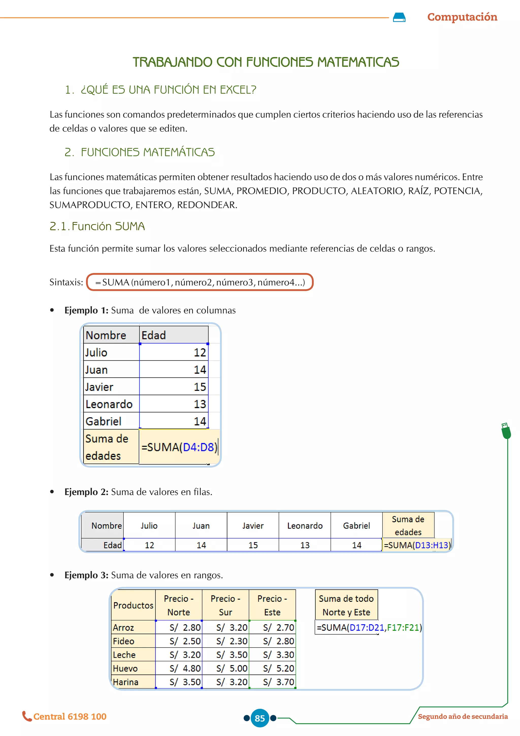 Computación
Segundo año de secundaria
Central 6198 100 85
TRABAJANDO CON FUNCIONES MATEMATICAS
1.	 ¿QUÉ ES UNA FUNCIÓN EN EXCEL?
Las funciones son comandos predeterminados que cumplen ciertos criterios haciendo uso de las referencias
de celdas o valores que se editen.
2.	 FUNCIONES MATEMÁTICAS
Las funciones matemáticas permiten obtener resultados haciendo uso de dos o más valores numéricos. Entre
las funciones que trabajaremos están, SUMA, PROMEDIO, PRODUCTO, ALEATORIO, RAÍZ, POTENCIA,
SUMAPRODUCTO, ENTERO, REDONDEAR.
2.1.	Función SUMA
Esta función permite sumar los valores seleccionados mediante referencias de celdas o rangos.
Sintaxis: =SUMA(número1,número2,número3,número4...)
•	 Ejemplo 1: Suma  de valores en columnas
•	 Ejemplo 2: Suma de valores en filas.
•	 Ejemplo 3: Suma de valores en rangos.
 