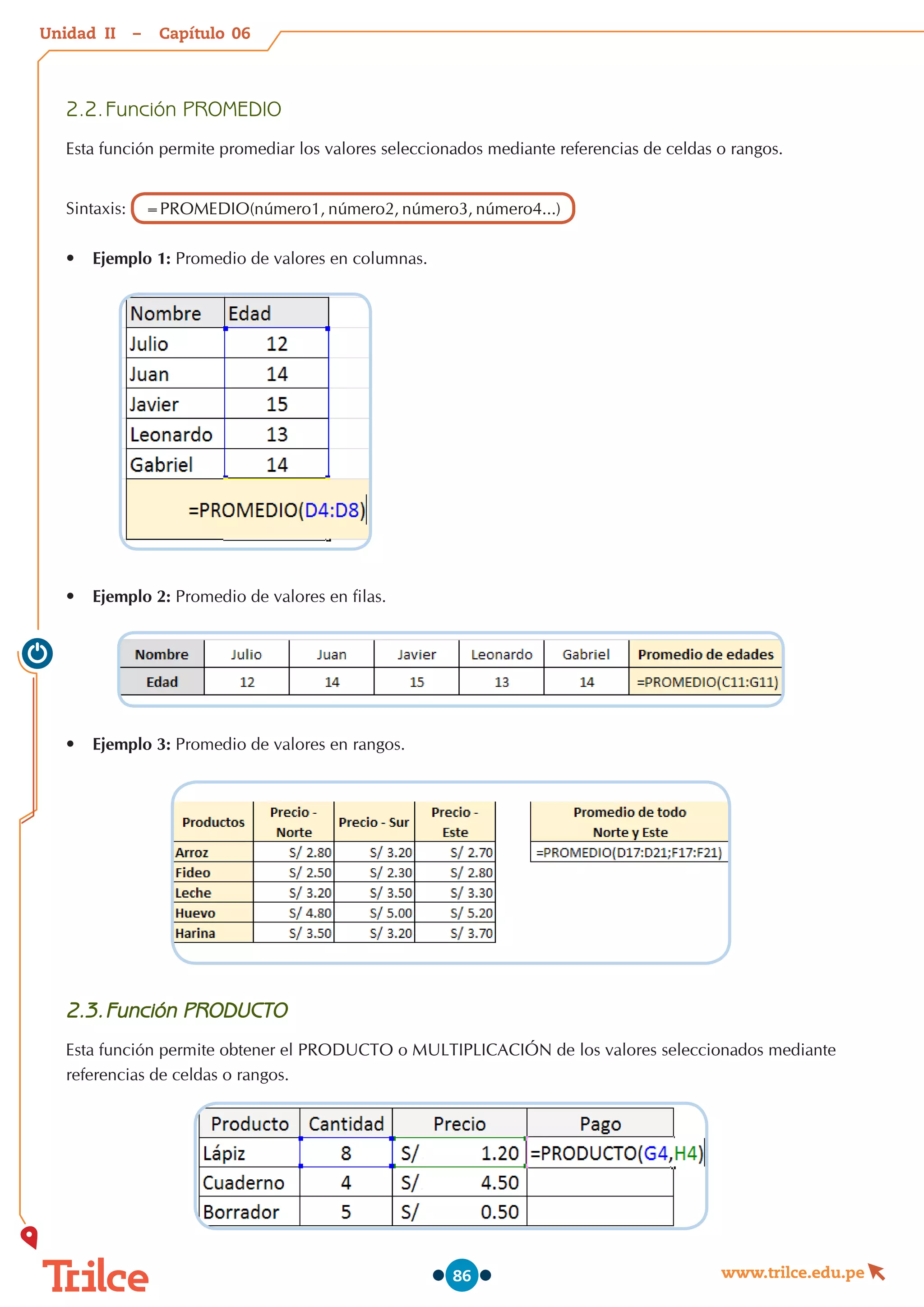 Unidad – Capítulo
www.trilce.edu.pe
86
2.2.	Función PROMEDIO
Esta función permite promediar los valores seleccionados mediante referencias de celdas o rangos.
Sintaxis: =PROMEDIO(número1, número2, número3, número4...)
•	 Ejemplo 1: Promedio de valores en columnas.
•	 Ejemplo 2: Promedio de valores en filas.
•	 Ejemplo 3: Promedio de valores en rangos.
2.3.	Función PRODUCTO
Esta función permite obtener el PRODUCTO o MULTIPLICACIÓN de los valores seleccionados mediante
referencias de celdas o rangos.
06
II
 