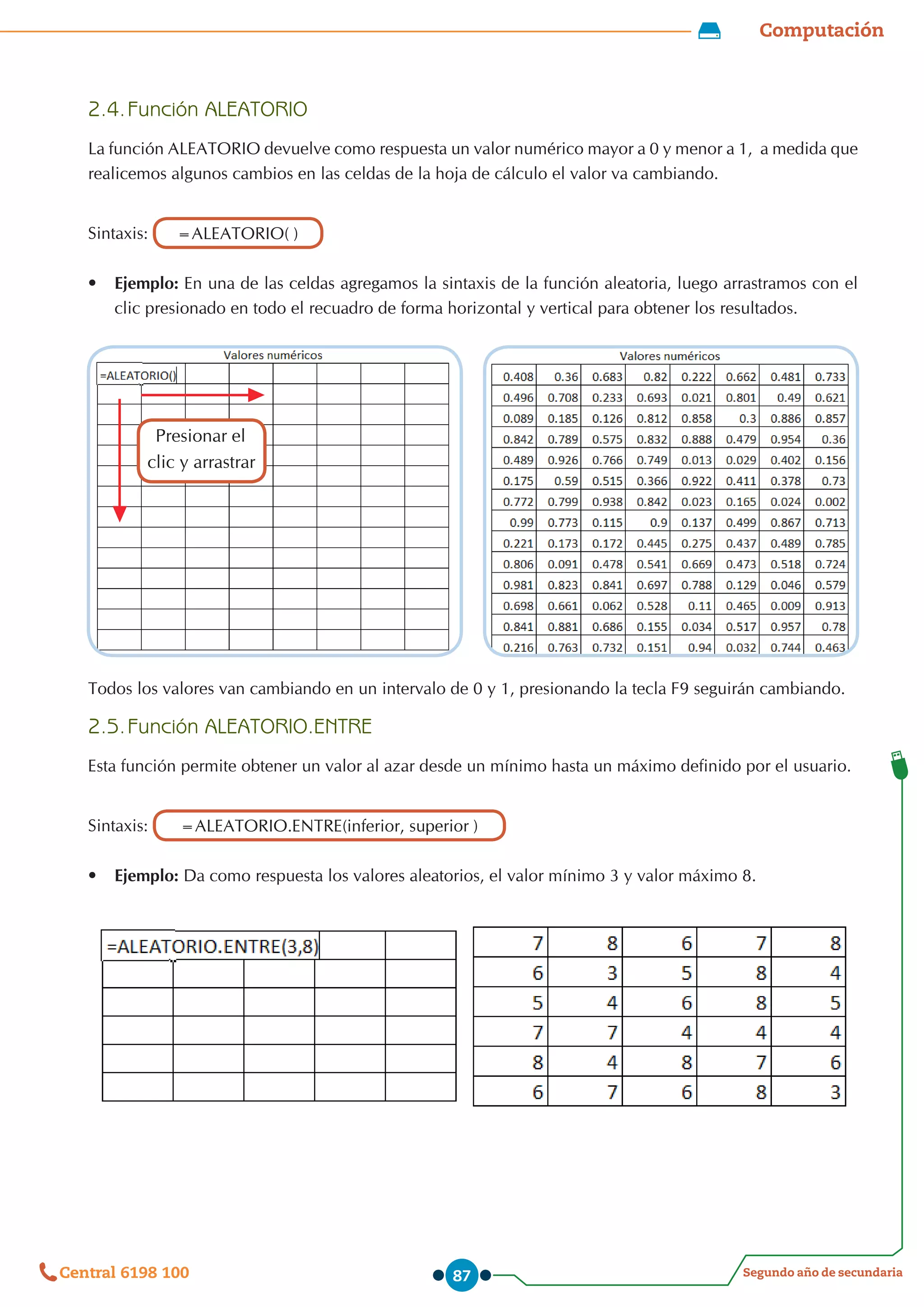 Computación
Segundo año de secundaria
Central 6198 100 87
2.4.	Función ALEATORIO
La función ALEATORIO devuelve como respuesta un valor numérico mayor a 0 y menor a 1,  a medida que
realicemos algunos cambios en las celdas de la hoja de cálculo el valor va cambiando.
Sintaxis: =ALEATORIO( )
•	 Ejemplo: En una de las celdas agregamos la sintaxis de la función aleatoria, luego arrastramos con el
clic presionado en todo el recuadro de forma horizontal y vertical para obtener los resultados.
Presionar el
clic y arrastrar
Todos los valores van cambiando en un intervalo de 0 y 1, presionando la tecla F9 seguirán cambiando.
2.5.	Función ALEATORIO.ENTRE
Esta función permite obtener un valor al azar desde un mínimo hasta un máximo definido por el usuario.
Sintaxis: =ALEATORIO.ENTRE(inferior, superior )
•	 Ejemplo: Da como respuesta los valores aleatorios, el valor mínimo 3 y valor máximo 8.
 