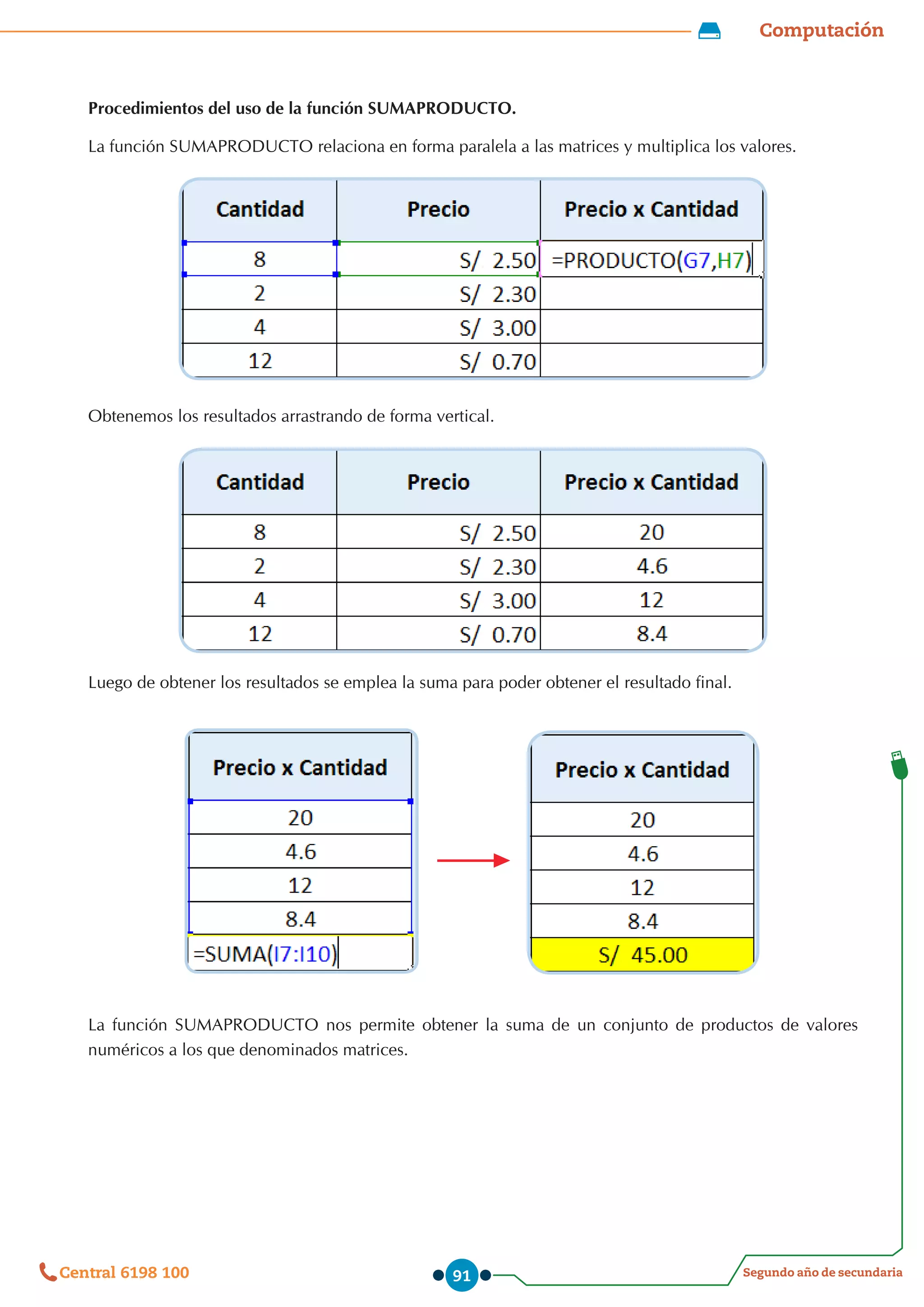 Computación
Segundo año de secundaria
Central 6198 100 91
Procedimientos del uso de la función SUMAPRODUCTO.
La función SUMAPRODUCTO relaciona en forma paralela a las matrices y multiplica los valores.
Obtenemos los resultados arrastrando de forma vertical.
Luego de obtener los resultados se emplea la suma para poder obtener el resultado final.
La función SUMAPRODUCTO nos permite obtener la suma de un conjunto de productos de valores
numéricos a los que denominados matrices.
 