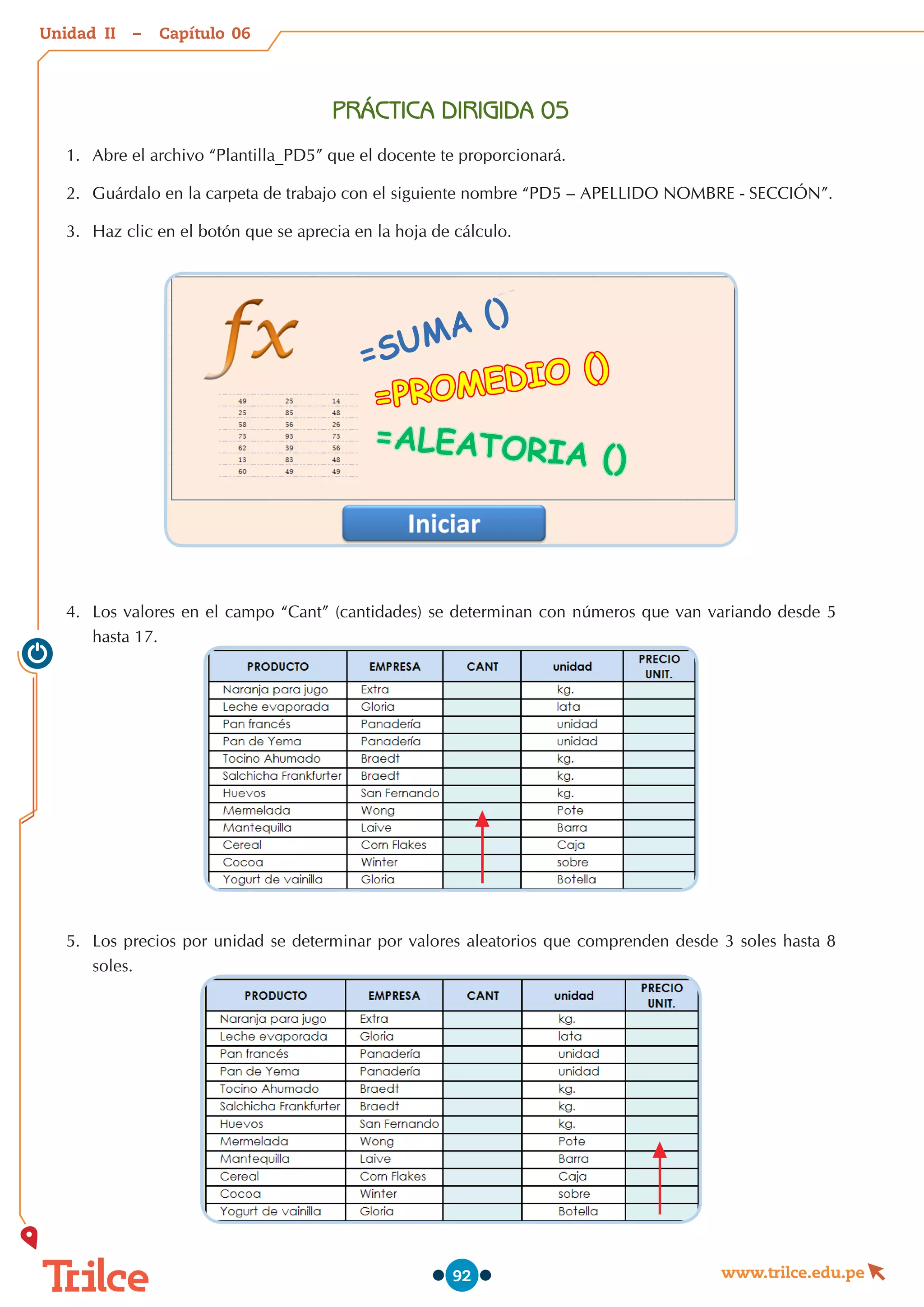 Unidad – Capítulo
www.trilce.edu.pe
92
PRÁCTICA DIRIGIDA 05
1.	 Abre el archivo “Plantilla_PD5” que el docente te proporcionará.
2.	 Guárdalo en la carpeta de trabajo con el siguiente nombre “PD5 – APELLIDO NOMBRE - SECCIÓN”.
3.	 Haz clic en el botón que se aprecia en la hoja de cálculo.
4.	 Los valores en el campo “Cant” (cantidades) se determinan con números que van variando desde 5
hasta 17.
5.	 Los precios por unidad se determinar por valores aleatorios que comprenden desde 3 soles hasta 8
soles.
=SUMA ()
=PROMEDIO ()
=ALEATORIA ()
06
II
 
