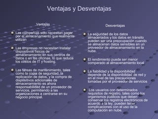 Ventajas y Desventajas
Ventajas
Las compañías sólo necesitan pagar
por el almacenamiento que realmente
utilizan
Las empresas no necesitan instalar
dispositivos físicos de
almacenamiento en sus centros de
datos o en las oficinas, lo que reduce
los costos de IT y hosting.
Las tareas de mantenimiento, tales
como la copia de seguridad, la
replicación de datos, y la compra de
dispositivos adicionales de
almacenamiento es ahora
responsabilidad de un proveedor de
servicios, permitiendo a las
organizaciones a centrarse en su
negocio principal.
Desventajas
La seguridad de los datos
almacenados y los datos en tránsito
pueden ser una preocupación cuando
se almacenan datos sensibles en un
proveedor de almacenamiento en la
nube.
El rendimiento puede ser menor
comparado al almacenamiento local
La fiabilidad y la disponibilidad
depende de la disponibilidad de red y
en el nivel de las precauciones
tomadas por el proveedor de servicios
Los usuarios con determinados
requisitos de registro, tales como los
organismos públicos que deben
conservar los registros electrónicos de
acuerdo a la ley, pueden tener
complicaciones con el uso de la
computación en nube.
 