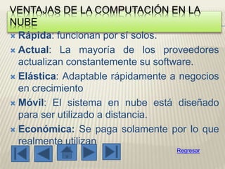 VENTAJAS DE LA COMPUTACIÓN EN LA
NUBE
 Rápida: funcionan por sí solos.
 Actual: La mayoría de los proveedores
actualizan constantemente su software.
 Elástica: Adaptable rápidamente a negocios
en crecimiento
 Móvil: El sistema en nube está diseñado
para ser utilizado a distancia.
 Económica: Se paga solamente por lo que
realmente utilizan
Regresar
 