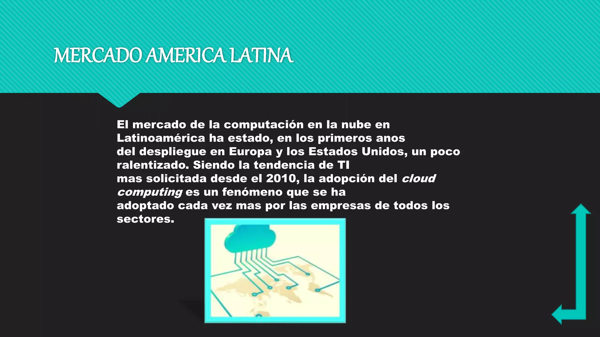 MERCADO AMERICA LATINA
El mercado de la computación en la nube en
Latinoamérica ha estado, en los primeros anos
del despliegue en Europa y los Estados Unidos, un poco
ralentizado. Siendo la tendencia de TI
mas solicitada desde el 2010, la adopción del cloud
computing es un fenómeno que se ha
adoptado cada vez mas por las empresas de todos los
sectores.
 