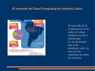El mercado de Cloud Computing en América Latina.
● El mercado de la
computación en la
nube en Latino
América un poco
ralentizado.
● Es un fenómeno
que se ha
adoptado cada vez
más por las
empresas de todos
los sectores.
 