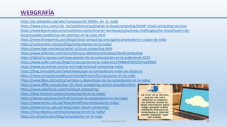 WEBGRAFÍA
https://es.wikipedia.org/wiki/Computaci%C3%B3n_en_la_nube
https://www.cisco.com/c/es_mx/solutions/cloud/what-is-cloud-computing.html#~cloud-computing-services
https://www.kyoceradocumentsolutions.es/es/smarter-workspaces/business-challenges/the-cloud/cuatro-de-
los-principales-problemas-de-sistemas-en-la-nube.html
https://www.threepoints.com/blog/cloud-computing-principales-proveedores-y-casos-de-exito
https://rockcontent.com/es/blog/computacion-en-la-nube/
https://www.hpe.com/es/es/what-is/cloud-computing.html
https://www.atlassian.com/es/continuous-delivery/principles/cloud-computing
https://digital.la.synnex.com/que-esperar-de-la-computacion-en-la-nube-en-el-2020
https://www.sydle.com/es/blog/computacion-en-la-nube-61e19949edf3b92597ee9983/
https://www.accenture.com/ar-es/insights/cloud-computing-index
https://blog.conzultek.com/teletrabajo/que-es-computacion-nube-sus-alcances
https://www.computerweekly.com/es/definicion/Computacion-en-la-nube
https://www.bbva.ch/noticia/ventajas-y-desventajas-de-la-computacion-en-la-nube/
https://www.affde.com/es/top-10-cloud-computing-service-providers.html
https://www.salesforce.com/mx/cloud-computing/
https://blog.hotmart.com/es/computacion-en-la-nube/
https://skyone.solutions/es/hub/conocer-la-computacion-en-la-nube/
https://www.certus.edu.pe/blog/beneficios-computacion-nube/
https://www.certus.edu.pe/blog/saber-cloud-computing/
https://inlocrobotics.com/es/computacion-en-la-nube/
https://es.shopify.com/blog/computacion-en-la-nube
SJM Computación 4.0 61
 