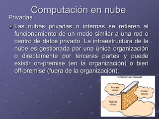Privadas
Las nubes privadas o internas se refieren al
funcionamiento de un modo similar a una red o
centro de datos privado. La infraestructura de la
nube es gestionada por una única organización
o directamente por terceras partes y puede
existir on-premise (en la organización) o bien
off-premise (fuera de la organización).
Computación en nube
 