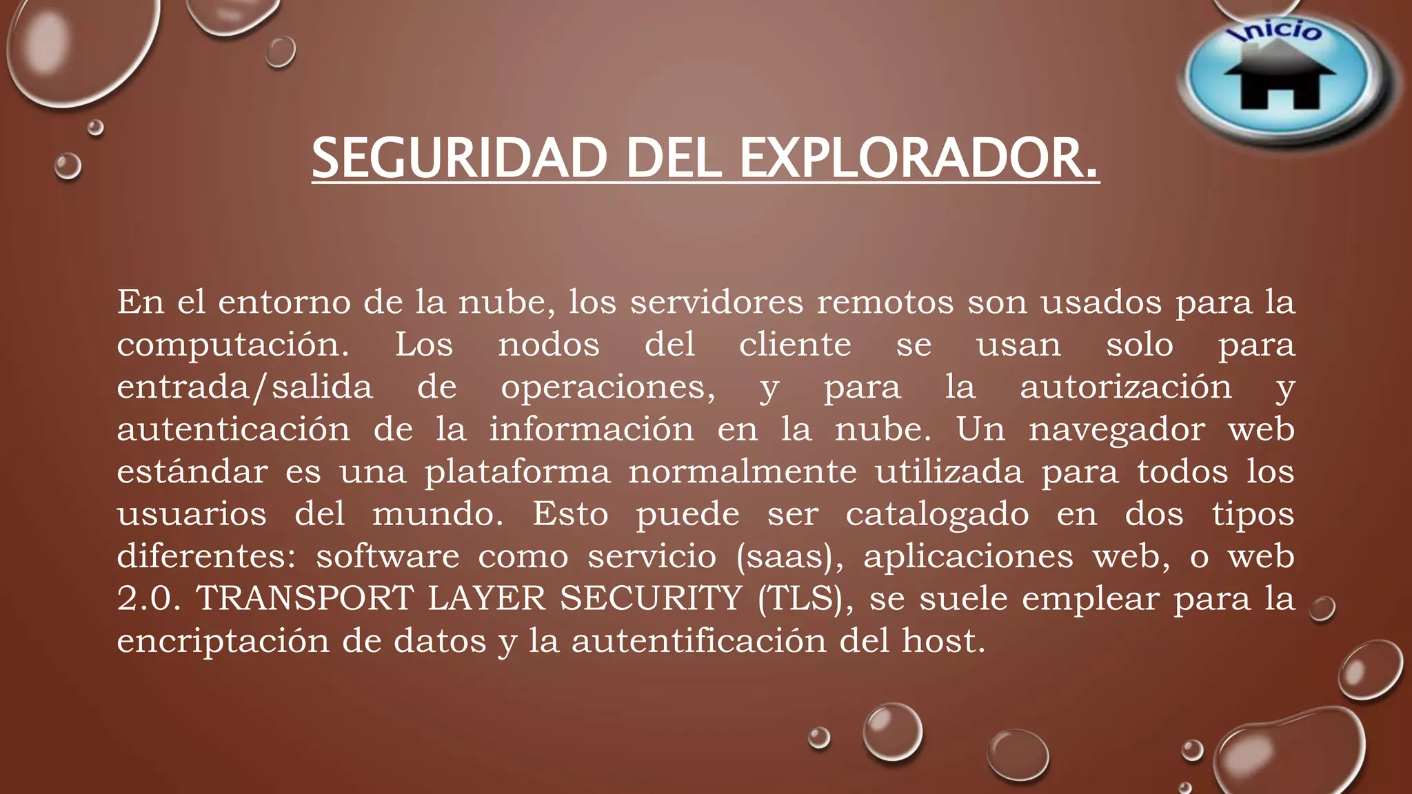 SEGURIDAD DEL EXPLORADOR. 
En el entorno de la nube, los servidores remotos son usados para la 
computación. Los nodos del cliente se usan solo para 
entrada/salida de operaciones, y para la autorización y 
autenticación de la información en la nube. Un navegador web 
estándar es una plataforma normalmente utilizada para todos los 
usuarios del mundo. Esto puede ser catalogado en dos tipos 
diferentes: software como servicio (saas), aplicaciones web, o web 
2.0. TRANSPORT LAYER SECURITY (TLS), se suele emplear para la 
encriptación de datos y la autentificación del host. 
 