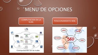MENU DE OPCIONES 
COMPUTACION EN LA 
NUBE. 
POSICIONAMIENTO WEB. 
 