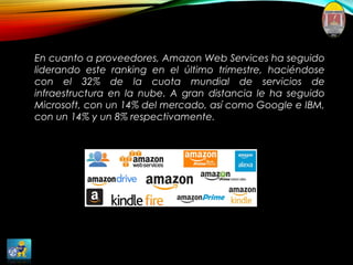 En cuanto a proveedores, Amazon Web Services ha seguido
liderando este ranking en el último trimestre, haciéndose
con el 32% de la cuota mundial de servicios de
infraestructura en la nube. A gran distancia le ha seguido
Microsoft, con un 14% del mercado, así como Google e IBM,
con un 14% y un 8% respectivamente.
 