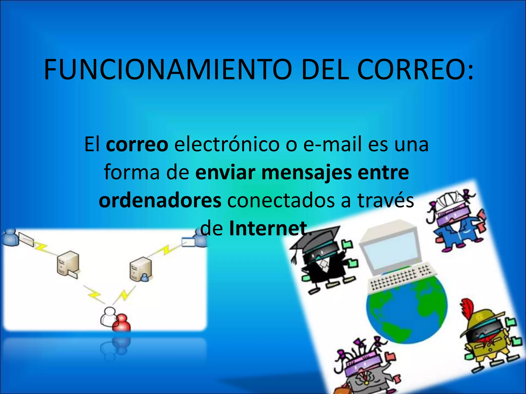 FUNCIONAMIENTO DEL CORREO:

  El correo electrónico o e-mail es una
     forma de enviar mensajes entre
    ordenadores conectados a través
               de Internet.
 