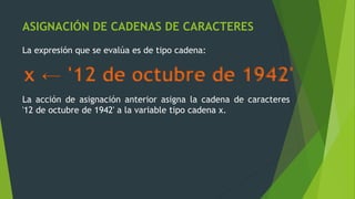 ASIGNACIÓN DE CADENAS DE CARACTERES
La expresión que se evalúa es de tipo cadena:
La acción de asignación anterior asigna la cadena de caracteres
'12 de octubre de 1942' a la variable tipo cadena x.
x ← '12 de octubre de 1942'
 