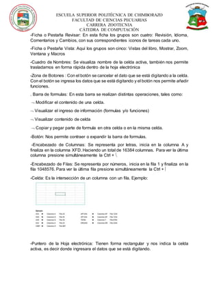 ESCUELA SUPERIOR POLITÉCNICA DE CHIMBORAZO
FACULTAD DE CIENCIAS PECUARIAS
CARRERA ZOOTECNIA
CÁTEDRA DE COMPUTACIÓN
-Ficha o Pestaña Revisar: En esta ficha los grupos son cuatro: Revisión, Idioma,
Comentarios y Cambios, con sus correspondientes iconos de tareas cada uno.
-Ficha o Pestaña Vista: Aquí los grupos son cinco: Vistas del libro, Mostrar, Zoom,
Ventana y Macros
-Cuadro de Nombres: Se visualiza nombre de la celda activa, también nos permite
trasladarnos en forma rápida dentro de la hoja electrónica
-Zona de Botones : Con el botón se cancelar el dato que se está digitando a la celda.
Con el botón se ingresa los datos que se está digitando y el botón nos permite añadir
funciones.
. Barra de formulas: En esta barra se realizan distintas operaciones, tales como:
 Modificar el contenido de una celda.
 Visualizar el ingreso de información (formulas y/o funciones)
 Visualizar contenido de celda
 Copiar y pegar parte de formula en otra celda o en la misma celda.
-Botón: Nos permite contraer o expandir la barra de formulas.
-Encabezado de Columnas: Se representa por letras, inicia en la columna A y
finaliza en la columna XFD. Haciendo un total de 16384 columnas. Para ver la última
columna presione simultáneamente la Ctrl + 
-Encabezado de Filas: Se representa por números, inicia en la fila 1 y finaliza en la
fila 1048576. Para ver la última fila presione simultáneamente la Ctrl + 
-Celda: Es la intersección de un columna con un fila. Ejemplo:
-Puntero de la Hoja electrónica: Tienen forma rectangular y nos indica la celda
activa, es decir donde ingresara el datos que se está digitando.
 