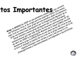 Gripe A (H1N1)  de 2009 es una pandemia causada por una variante del Influenza virus A de origen porcino (subtipo H1N1). Esta nueva cepa viral es conocida como gripe porcina (nombre dado inicialmente), gripe norteamericana (propuesto por la Organización Mundial de la Salud Animal) y nueva gripe (propuesto por la Unión Europea), nomenclaturas que han sido objeto de diversas controversias. El 30 de abril de 2009 la Organización Mundial de la Salud (OMS) decidió denominarla gripe A (H1N1) Ésta es una descripción del virus en que la letra A designa la familia de los virus de la gripe humana y de la de algunos animales como cerdos y aves y las letras H y N (Hemaglutininas y Neuraminidases) corresponden a las proteínas. Datos Importantes 