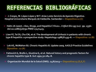  J. Crespo, M. López López y M.T. Arias Loste.Servicio de Aparato Digestivo.
Hospital Universitario Marqués deValdecilla. Santander--- Diapositiva:12 (C)
 Hahn JA (2007). «Sex, Drugs, and Hepatitis CVirus». J Infect Dis 195 (11): pp. 1556–
doi:10.1086/516792 PMID 17471423.
 LiawYF,Tai DI, Chu CM, et al.The development of cirrhosis in patients with chronic
type B hepatitis: a prospective study. Hepatology 1988;8:493–6. --- Diapositiva: 12 (B)
 Lok AS, McMahon BJ. Chronic Hepatitis B. Update 2009. AASLD Practice Guidelines
Dipositiva : 12 (A)
 Fattovich G, Brollo L, Giustina G, et al. Natural history and prognostic factors for
chronic hepatitis type B. Gut 1991;32:284–8.
 Organización Mundial de la Salud (OMS). 24/6/2013--- Diapositiva:13 (D,E,F)
 