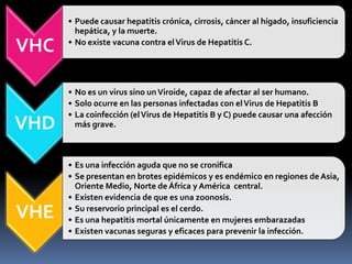 VHC
• Puede causar hepatitis crónica, cirrosis, cáncer al hígado, insuficiencia
hepática, y la muerte.
• No existe vacuna contra elVirus de Hepatitis C.
VHD
• No es un virus sino unViroide, capaz de afectar al ser humano.
• Solo ocurre en las personas infectadas con elVirus de Hepatitis B
• La coinfección (elVirus de Hepatitis B y C) puede causar una afección
más grave.
VHE
• Es una infección aguda que no se cronifica
• Se presentan en brotes epidémicos y es endémico en regiones de Asia,
Oriente Medio, Norte de África y América central.
• Existen evidencia de que es una zoonosis.
• Su reservorio principal es el cerdo.
• Es una hepatitis mortal únicamente en mujeres embarazadas
• Existen vacunas seguras y eficaces para prevenir la infección.
 