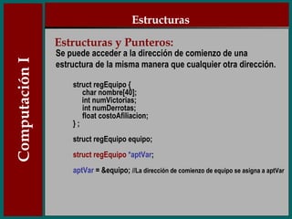 Se puede acceder a la dirección de comienzo de una estructura de la misma manera que cualquier otra dirección.  struct   regEquipo { char nombre[40]; int numVictorias; int numDerrotas; float costoAfiliacion; } ; struct regEquipo equipo; struct regEquipo   *aptVar ; aptVar  = &equipo;  //La dirección de comienzo de equipo se asigna a aptVar Estructuras Estructuras y Punteros: 