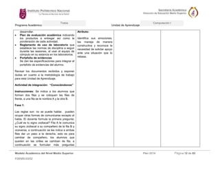 Programa Académico: Unidad de Aprendizaje: 
Modelo Académico del Nivel Medio Superior Plan 2014 Página 12 de 63 
FDEMS-03/02 
Todos Computación I 
desarrollar. 
 Plan de evaluación académica indicando los productos a entregar así como la ponderación de cada actividad. 
 Reglamento de uso de laboratorio que establece las normas de disciplina a seguir durante las sesiones, al usar el equipo de cómputo en su estancia en los laboratorios. 
 Portafolio de evidencias 
Se dan las especificaciones para integrar el portafolio de evidencias del alumno. 
Revisar los documentos recibidos y exponer dudas en cuanto a la metodología de trabajo para esta Unidad de Aprendizaje. 
Actividad de integración: “Conociéndonos” 
Instrucciones: Se indica a los alumnos que formen dos filas y se coloquen las filas de frente, a una fila se le nombra A y la otra B. 
Fase 1: 
Las reglas son: no se puede hablar, pueden ocupar otras formas de comunicarse excepto el habla. El docente formula la primera pregunta: ¿Cuál es tu signo zodiacal? Fila A le comunica su signo zodiacal a su compañero de la fila B y viceversa, a continuación se les indica a ambas filas dar un paso a la derecha, esto es para cambiar de compañero, los alumnos que queden en las orillas se cambian de fila, a continuación se formulan más preguntas 
Atributo: 
Identifica sus emociones, las maneja de manera constructiva y reconoce la necesidad de solictar apoyo ante una situación que lo rebasa. 
 