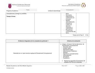 Programa Académico: Unidad de Aprendizaje: 
Modelo Académico del Nivel Medio Superior Plan 2014 Página 22 de 63 
FDEMS-03/02 
Todos Computación I 
computacional y entrega su portafolio. 
Tiempo 4 horas 
tema. 
- Demuestra organización y coordinación en el equipo. 
- Maneja adecuadamente al grupo en cuanto a la atención, motivación y participación. 
- Presenta las conclusioones del tema.. 
Tiempo de la Fase 3: 4 Hrs. 
Evidencia integradora de la competencia particular 1 Criterios de evaluación 
Historieta con un caso donde se aplique el Pensamiento Computacional 
 Integra al menos 5 de los elementos de Pensamiento Computacional: 
- Recopilar datos 
- Analizar datos 
- Representar datos 
- Descomponer Problemas 
- Abstraer 
- Algoritmos y procedimientos 
- Automatización 
- Simulación 
- Paralelismo 
 Maneja las siguientes herramientas del software PIXTON en la historieta:  