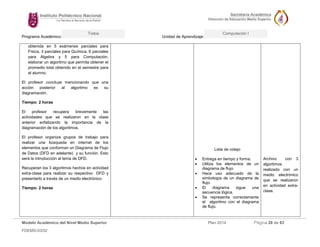 Programa Académico: Unidad de Aprendizaje: 
Modelo Académico del Nivel Medio Superior Plan 2014 Página 28 de 63 
FDEMS-03/02 
Todos Computación I 
obtenida en 5 exámenes parciales para Física, 3 parciales para Química, 6 parciales para Algebra y 5 para Computación, elaborar un algoritmo que permita obtener el promedio total obtenido en el semestre para el alumno. 
El profesor concluye mencionando que una acción posterior al algoritmo es su diagramación. 
Tiempo: 2 horas 
El profesor recupera brevemente las actividades que se realizaron en la clase anterior enfatizando la importancia de la diagramación de los algoritmos. 
El profesor organiza grupos de trabajo para realizar una búsqueda en internet de los elementos que conforman un Diagrama de Flujo de Datos (DFD en adelante) y su función. Esto será la introducción al tema de DFD. 
Recuperan los 3 algoritmos hechos en actividad extra-clase para realizar su respectivo DFD y presentarlo a través de un medio electrónico. 
Tiempo: 2 horas 
Lista de cotejo 
 Entrega en tiempo y forma. 
 Utiliza los elementos de un diagrama de flujo 
 Hace uso adecuado de la simbología de un diagrama de flujo. 
 El diagrama sigue una secuencia lógica. 
 Se representa correctamente el algoritmo con el diagrama de flujo. 
Archivo con 3 algortimos realizado con un medio electrónico que se realizaron en actividad extra- clase. 
 