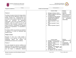 Programa Académico: Unidad de Aprendizaje: 
Modelo Académico del Nivel Medio Superior Plan 2014 Página 30 de 63 
FDEMS-03/02 
Todos Computación I 
Práctica 6: 
El profesor recupera el tema de la clase anterior y hace notar que los algoritmos y DFD no son lineales, siempre hay cuestionamientos que nos harán tomar caminos diferentes. En esta sesión se introducen los operadores relacionales y para esto se presenta el caso siguiente: ¿cuál es la forma en la que se muestra el texto aprobado, reprobado o NP para los alumnos, considerando los siguientes criterios: 6 a 10 aprobatorio, 1 a 5 reprobatorio y NP para 0? 
El profesor solicita a los alumnos que elaboren un algoritmo y un DFD en Clickcharts para resolver el caso. 
Tiempo: 2 horas 
Recupera el tema de la clase pasada e introduce a los alumnos al tema de los operadores lógicos que amplían las posibilidades de solución de un problema. 
Práctica 7: 
Con esta actividad los alumnos modifican sus algoritmos y DFD que realizaron en la actividad extra-clase y el profesor hace cuestionamientos que nos llevan a modificarlos utilizando 
Lista de cotejo 
 Entrega en tiempo y forma. 
 Realiza el algoritmo adecuado correspondiente. 
 El diagrama de flujo expresa correctamente el algoritmo utilizado para resolver el problema planteado. 
 Utiliza el operador “mayor que”. 
 Utiliza el operador “menor que”. 
 Utiliza el operador “igual a”. 
Lista de cotejo 
 Entrega en tiempo y forma. 
 Identifica correctamente los datos de entrada. 
 Identifica correctamente los datos de salida. 
 Establece correctamente las expresiones a utilizar para obtener los datos. 
 El diagrama de flujo expresa 
Práctica 6. Archivos del algoritmo en alguna herramienta de presentación y DFD en Clickcharts con operadores relacionales. 
Práctica 7. Diagramas de flujo con la incorporación de condicionantes lógicos y ciclos. 
 