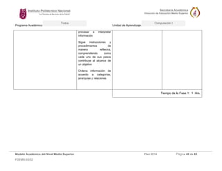 Programa Académico: Unidad de Aprendizaje: 
Modelo Académico del Nivel Medio Superior Plan 2014 Página 40 de 63 
FDEMS-03/02 
Todos Computación I 
procesar e interpretar información 
Sigue instrucciones y procedimientos de manera reflexiva, comprendiendo como cada uno de sus pasos contribuye al alcance de un objetivo 
Ordena información de acuerdo a categorías, jerarquías y relaciones 
Tiempo de la Fase 1: 1 Hrs. 
 