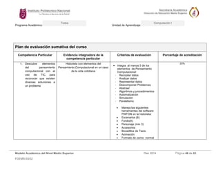 Programa Académico: Unidad de Aprendizaje: 
Modelo Académico del Nivel Medio Superior Plan 2014 Página 46 de 63 
FDEMS-03/02 
Todos Computación I 
Plan de evaluación sumativa del curso 
Competencia Particular 
Evidencia integradora de la competencia particular 
Criterios de evaluación 
Porcentaje de acreditación 
1. Descubre elementos del pensamiento computacional con el uso de TIC para reconocer que existen diversas soluciones a un problema 
Historieta con elementos del Pensamiento Computacional en un caso de la vida cotidiana 
 Integra al menos 5 de los elementos de Pensamiento Computacional: 
- Recopilar datos 
- Analizar datos 
- Representar datos 
- Descomponer Problemas 
- Abstraer 
- Algoritmos y procedimientos 
- Automatización 
- Simulación 
- Paralelismo 
 Maneja las siguientes herramientas del software PIXTON en la historieta: 
 Escenarios (8) 
 Fondo(8) 
 Personaje (min 3) 
 Accesorios 
 Bocadillos de Texto 
 Animación 
 Formato de comic normal 
25%  