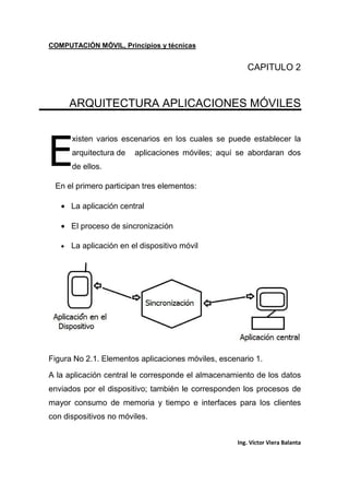 COMPUTACIÓN MÓVIL, Principios y técnicas
Ing. Víctor Viera Balanta
CAPITULO 2
ARQUITECTURA APLICACIONES MÓVILES
xisten varios escenarios en los cuales se puede establecer la
arquitectura de aplicaciones móviles; aquí se abordaran dos
de ellos.
En el primero participan tres elementos:
• La aplicación central
• El proceso de sincronización
• La aplicación en el dispositivo móvil
Figura No 2.1. Elementos aplicaciones móviles, escenario 1.
A la aplicación central le corresponde el almacenamiento de los datos
enviados por el dispositivo; también le corresponden los procesos de
mayor consumo de memoria y tiempo e interfaces para los clientes
con dispositivos no móviles.
E
 