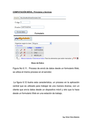 COMPUTACIÓN MÓVIL, Principios y técnicas
Ing. Víctor Viera Balanta
Figura No 6.11. Proceso de envió de datos desde un formulario Web,
se utiliza el mismo proceso en el servidor.
La figura 6.12 ilustra esta característica, un proceso en la aplicación
central que es utilizado para trabajar de una manera diversa, con un
cliente que envía datos desde un dispositivo móvil y otro que lo hace
desde un formulario Web en una estación de trabajo.
 