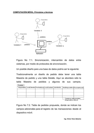COMPUTACIÓN MÓVIL, Principios y técnicas
Ing. Víctor Viera Balanta
Figura No 7.1. Sincronización, intercambio de datos entre
sistemas, por medio de protocolos de sincronización.
Un posible diseño para una base de datos podría ser la siguiente:
Tradicionalmente un diseño de pedido debe tener una tabla
Maestra de pedido y una tabla Detalle. Aquí se abordara sólo la
tabla Maestra de pedidos y algunos de sus campos.
Figura No 7.2. Tabla de pedidos propuesta, donde se indican los
campos adicionales para el registro de las transacciones desde el
dispositivo móvil.
 