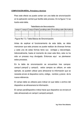 COMPUTACIÓN MÓVIL, Principios y técnicas
Ing. Víctor Viera Balanta
Para este efecto se puede contar con una tabla de sincronización
en la aplicación central que facilite este proceso. En la figura 7.3 se
ilustra esta tabla.
Figura No 7.3. Tabla Básica de Sincronización.
Antes de explicar el funcionamiento de esta tabla, se debe
mencionar que este proceso se puede realizar de diversas formas
y cada una de estas formas tiene sus ventajas y desventajas.
Adicionalmente, hasta el momento de crear este libro, este no ha
sido un proceso muy divulgado. Entonces aquí se plantearan
estos procesos.
En la tabla de sincronización se encuentran tres campos:
campo1,campo2 y campo3; estos campos se utilizan, en este
ejemplo, se pueden utilizar para almacenar la información que se
necesita enviar al dispositivo como, código, nombre y precio de la
nueva referencia.
El campo tabla se utilizara para indicar en que tabla o archivo del
dispositivo se almacenara la información.
El campo paraDispositivo indica hacia que dispositivo se enviara el
dato almacenado en campo1,campo2,campo3.
 