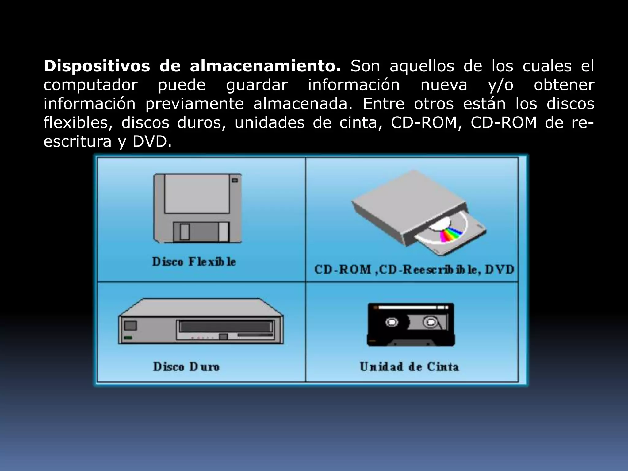 Dispositivos de almacenamiento. Son aquellos de los cuales el computador puede guardar información nueva y/o obtener información previamente almacenada. Entre otros están los discos flexibles, discos duros, unidades de cinta, CD-ROM, CD-ROM de re-escritura y DVD.