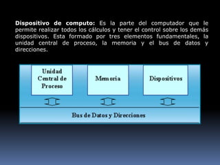 Dispositivo de computo: Es la parte del computador que le
permite realizar todos los cálculos y tener el control sobre los demás
dispositivos. Esta formado por tres elementos fundamentales, la
unidad central de proceso, la memoria y el bus de datos y
direcciones.
 