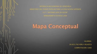 REPUBLICA BOLIVARIANA DE VENEZUELA
MINISTERIO DEL PODER POPULAR PARA LA EDUCACION SUPERIOR
I.U.T “ANTONIO JOSE DE SUCRE”
BARQUISIMETO ESTADO LARA
ALUMNA:
20.925.758 YERLY VELAZCO
COMPUTACION I SAIA
 