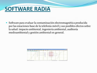 SOFTWARE RADIA

 Software para evaluar la contaminación electromagnética producida
  por las estaciones base de la telefonía móvil y sus posibles efectos sobre
  la salud: impacto ambiental, ingeniería ambiental, auditoría
  medioambiental y gestión ambiental en general.
 