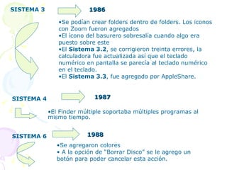 SISTEMA 3 1986 Se podían crear folders dentro de folders. Los iconos con Zoom fueron agregados  El ícono del basurero sobresalía cuando algo era puesto sobre este  El  Sistema 3.2 , se corrigieron treinta errores, la calculadora fue actualizada así que el teclado numérico en pantalla se parecía al teclado numérico en el teclado. El  Sistema 3.3 , fue agregado por AppleShare. SISTEMA 4 1987 El Finder múltiple soportaba múltiples programas al mismo tiempo.  SISTEMA 6 1988 Se agregaron colores    A la opción de “Borrar Disco” se le agrego un botón para poder cancelar esta acción. 