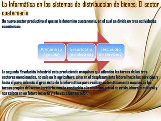 La Informática en los sistemas de distribuccion de bienes: El sector cuaternarioUn nuevo sector productivo al que se le denomina cuaternario, en el cual se divide en tres actividades económicas: La segunda Revolución industrial esta produciendo maquinas que atienden las tareas de los tres sectores mencionados, no solo en la agricultura, sino en el desplazamiento laboral hacia los servicios y hacia el paro; además el gran éxito de la informática para realizar automáticamente muchas de las tareas propias del sector terciario, nos ha conducido a la situación actual de crisis laboral y cultural y nos coloca en un futuro incierto y a la vez esperanzador.