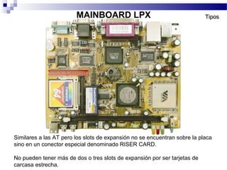 MAINBOARD LPX TiposTipos
Similares a las AT pero los slots de expansión no se encuentran sobre la placa
sino en un conector especial denominado RISER CARD.
No pueden tener más de dos o tres slots de expansión por ser tarjetas de
carcasa estrecha.
 
