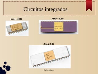 Circuitos integrados
Intel - 4040                     AMD - 8080




                        Zilog Z-80




                        Carlos Wagner
 