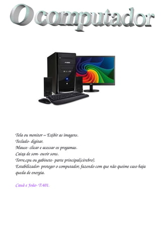 Tela ou monitor – Exibir as imagens.
Teclado­ digitar.
Mause­ clicar e acessar os progamas.
Caixa de som­ ouvir sons.
Torre,cpu ou gabinete­ parte principal(cérebro).
Estabilizador­ proteger o computador, fazendo com que não queime caso haja 
queda de energia.
Cauã e João­ T:401.
 