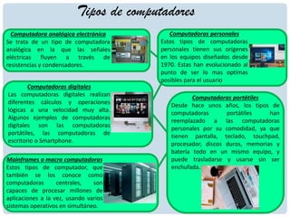 Tipos de computadores
Computadora analógica electrónica
Se trata de un tipo de computadora
analógica en la que las señales
eléctricas fluyen a través de
resistencias y condensadores.
Computadoras digitales
Las computadoras digitales realizan
diferentes cálculos y operaciones
lógicas a una velocidad muy alta.
Algunos ejemplos de computadoras
digitales son las computadoras
portátiles, las computadoras de
escritorio o Smartphone.
Mainframes o macro computadoras
Estos tipos de computador, que
también se los conoce como
computadoras centrales, son
capaces de procesar millones de
aplicaciones a la vez, usando varios
sistemas operativos en simultáneo.
Computadoras personales
Estos tipos de computadoras
personales tienen sus orígenes
en los equipos diseñados desde
1970. Estas han evolucionado al
punto de ser lo mas optimas
posibles para el usuario
Computadoras portátiles
Desde hace unos años, los tipos de
computadoras portátiles han
reemplazado a las computadoras
personales por su comodidad, ya que
tienen pantalla, teclado, touchpad,
procesador, discos duros, memorias y
batería todo en un mismo equipo, y
puede trasladarse y usarse sin ser
enchufada.
 
