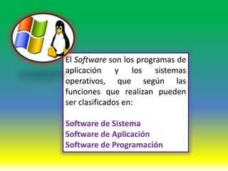 El Software son los programas de
aplicación y los sistemas
operativos, que según las
funciones que realizan pueden
ser clasificados en:

Software de Sistema
Software de Aplicación
Software de Programación
 